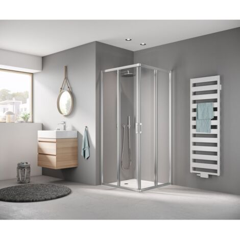 Kermi LIGA demi-pièce d’angle à droite E2R 800 x 1850mm argent satiné verre trempé transparent Clean (1/5)