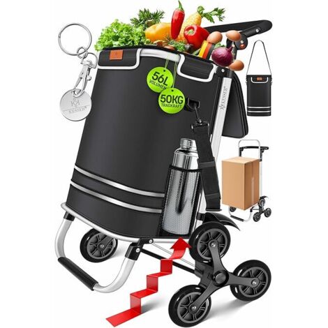 Chariot de courses KESSER® monte-escalier avec compartiment réfrigéré, pliable, d'une capacité de 56 L et supportant une charge maximale de 50 kg. Chariot 3 en 1 : diable et sac bandoulière.