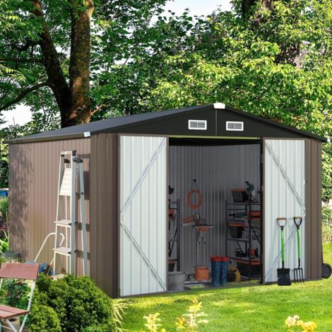 Aoxun Metal Garden Shed, Tool Shed with Lockable Door, Robust and Rust-Resistant Garden Cabinet, Slooping Roof, 10x8ft, Brown