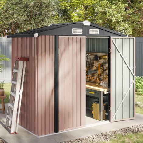 Aoxun Metal Garden Shed, Tool Shed with Lockable Door, Robust and Rust-Resistant Garden Cabinet, Slooping Roof, 6x4ft, Brown