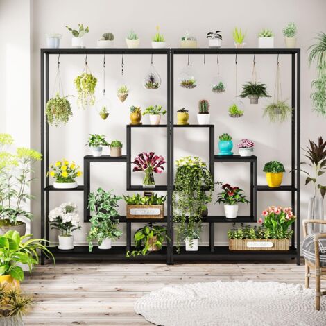 Tribesigns Supporto per piante da interno alto a 5 livelli, grande mensola in metallo con 6 ganci a S, espositore multiuso per bonsai, per interni, giardino, balcone, soggiorno, nero