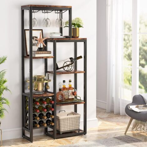 Tribesigns Portabottiglie da vino a 5 ripiani con supporto in vetro e contenitore per vino, espositore per vino industriale, per bar, cucina, sala da pranzo (marrone rustico)