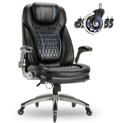 COLAMY Office Chair – Ergonomic office chair, 13.5 cm thick seat cushion, liftable armrests, modern-style leather office chair, improved silent casters, 360° swivel, black (1/5)