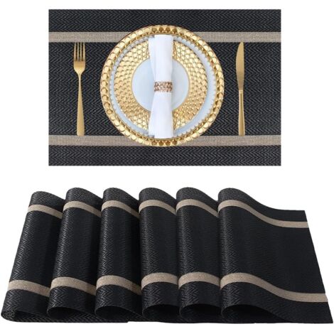 Lot de 6 sets table noirs fil or 30x45 cm, vinyle durable facile nettoyage, usage mariage/banquet/restaurant (1/5)