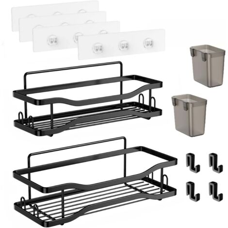 Lot de 2 étagères autocollantes sans perçage avec 4 crochets et 2 supports de brosse à dents mobiles. (1/5)