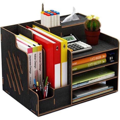 Organisateur bureau en bois noir, grande capacité pour fichiers, documents et fournitures (1/5)