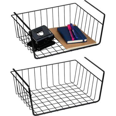 Relaxdays Panier de Rangement Suspendu, Lot de 2, Rangement sous-Tablette, Armoire, étagère, Bureau, Fil de Fer, Noir (1/5)