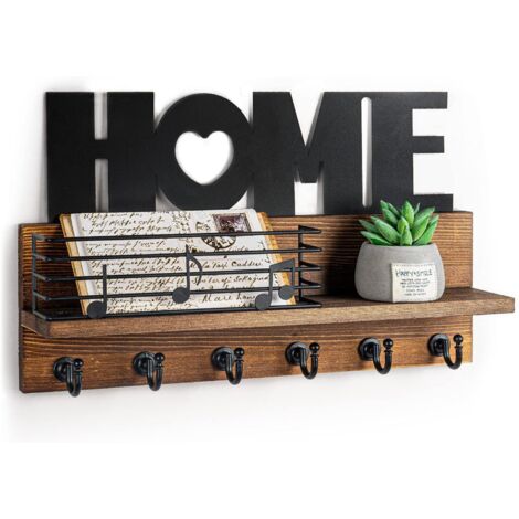 1 Porte Clef Mural, Bois Naturel, 6 Crochets, Étagère Rangement, Courrier Lettres, Entrée Maison (1/5)