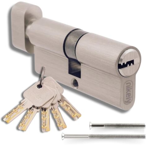 1 cylindre avec bouton 40/40 mm, laiton nickelé, 5 clés, 2 vis, pour porte et garage, longueur 80 mm (1/5)