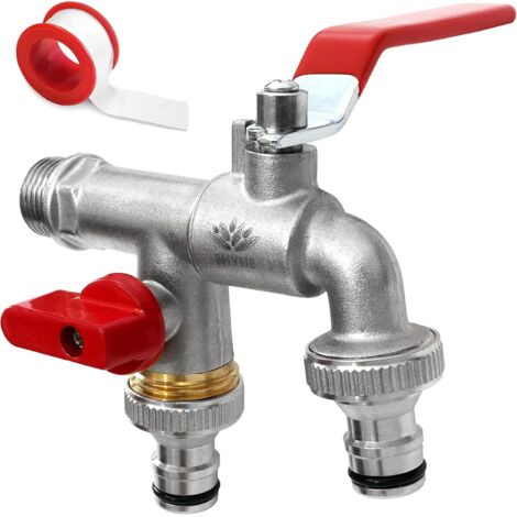 1 Robinet Double Laiton, Entrée 1/2 Pouces, Sorties 3/4 Pouces, Résistant Gel, Pour Jardin, Machine À Laver (1/5)