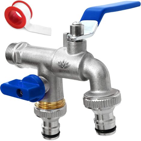 1 Robinet Double Laiton, Entrée 1/2 Pouces, Sorties 3/4 Pouces, Résistant Gel, Pour Jardin, Machine À Laver (1/5)