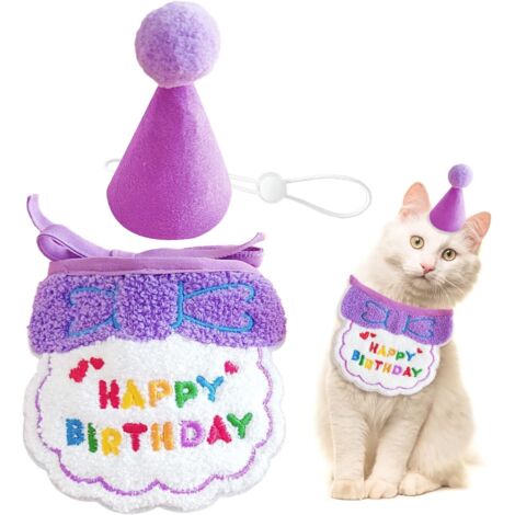 1 ensemble bandana et chapeau anniversaire, coton polyester, motif brodé joyeux anniversaire, taille réglable, pour chien et chat (1/5)