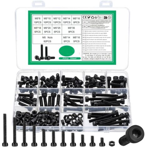 226 pièces vis m5, boulons à tête cylindrique, écrous hexagonaux, rondelles plates, acier au carbone noir, kit assorti pour bricolage (1/5)