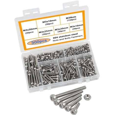 300 pièces vis et écrous acier inoxydable 304 tête hexagonale creuse m2 m3 m4 m5 m6 m8 kit assortiment pour bricolage réparation