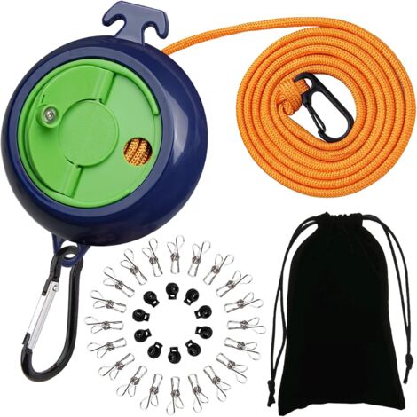1 Corde à linge rétractable, 10m, Anti-enchevêtrement, 20 Pinces, Pour camping voyage (1/5)