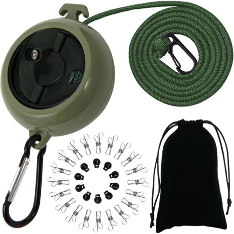 1 Corde à linge rétractable, 10m, 20 Pinces à linge, 10 Boucles, pour Camping Voyage (1/5)