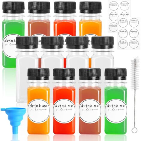 12 Bouteilles shot, 60 ml, PET sans BPA, bouchon étanche, avec entonnoir, brosse, étiquettes, pour jus, smoothie, voyage (1/5)