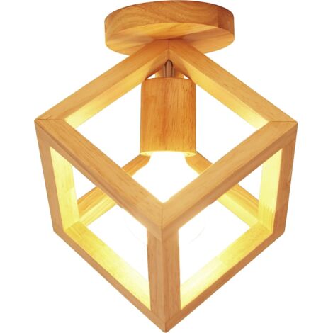 Plafonnier Industriel Bois - 1 Unité - Fer Et Bois Naturel - Design Cube Géométrique - Salon Chambre Restaurant - 25cm (1/5)