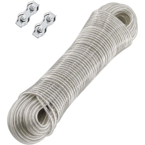 1 Corde à Linge, 30m, Noyau Acier, PVC, 2 Tendeurs, Balcon Jardin