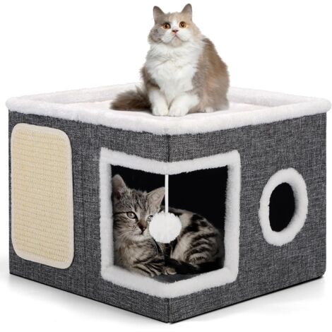 1 Maison pour chat pliable, 2 niveaux, niche avec coussins réversibles, boule suspendue, fenêtre ronde, griffoir, gris (1/5)