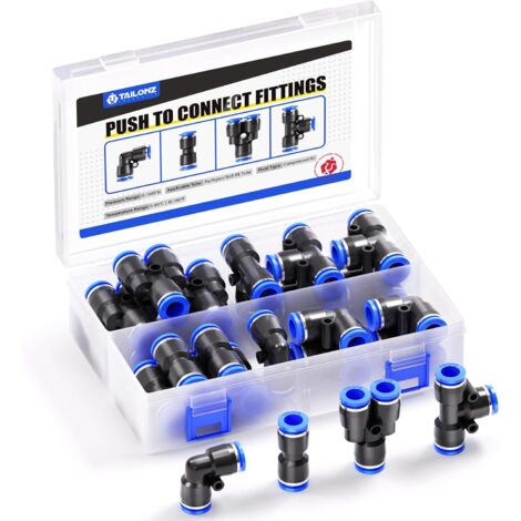 20 Raccords pneumatiques,Push-fit 3/8",Plastique,Tuyau PU/Nylon,Système air comprimé (1/5)