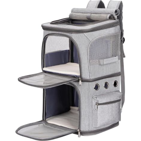 1 Sac à Dos pour Chat, Double Compartiment Amovible, 5 Fenêtres en Maille, 12kg Max, Transport Pliable, Gris XL (1/5)