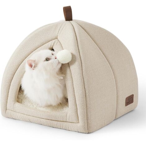 1 Niche Chat,40x40x40cm,Maison Igloo Pliable,Faux Lin,Coussin Sherpa Lavable,Jouet Suspendu,Intérieur (1/5)