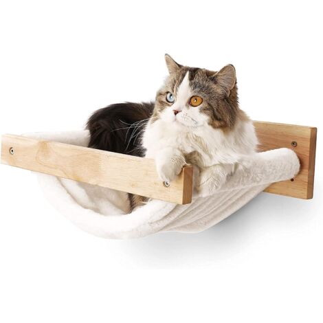 1 Hamac pour Chat, Étagère Murale en Bois de Caoutchouc, Support jusqu'à 13,6 kg, Tissu Flanelle Lavable, Meuble Gain de Place (1/5)
