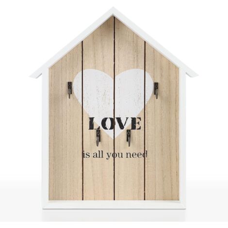 1 Boîte à clés, Bois, 6 Crochets, Modèle Love, Blanc, pour Maison, Entrée, Bureau (1/5)