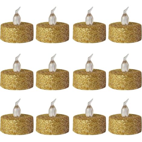 Lot de 12 bougies chauffe-plat LED dorées, clignotantes, pile CR2032 incluse, diamètre 3,4cm, pour mariage Noël fête (1/5)