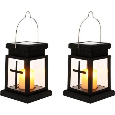 2 Lanterne funéraire solaire, plastique noir, LED clignotante, pour cimetière et jardin (1/5)