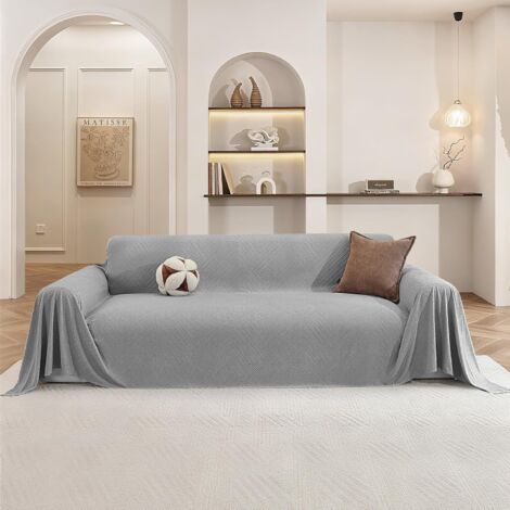 1 Housse De Canapé 3 Places, 200x340 CM, Polyester Antidérapante Lavable, Texture Géométrique, Gris Clair Pour Salon (1/5)