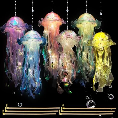 Lot de 6 Lanterne Méduse à Suspendre, PVC et Voile, Lumineuse avec Rubans, Décoration Fête Océan Enfant (1/5)