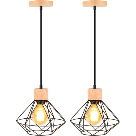 2pcs Suspension Luminaire E27 Métal Bois Design Rétro Pour Salon Cuisine Chambre (1/5)
