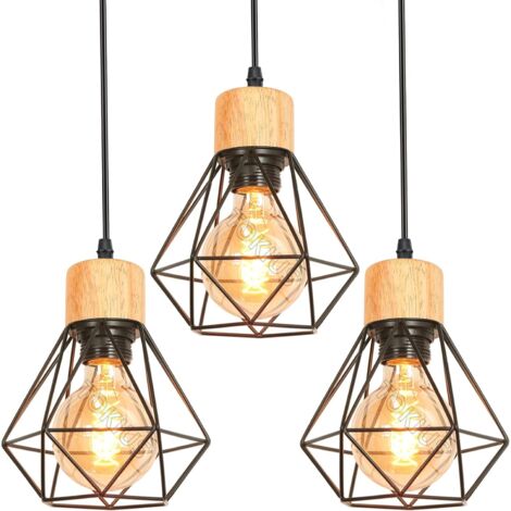 Lot de 3 Suspension Luminaire Métal Bois E27 Design Industriel Rétro Pour Salon Cuisine Chambre (1/5)