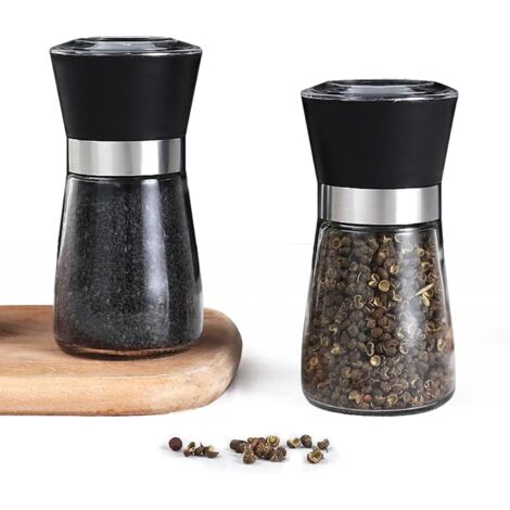 2 Moulins à épices, Meule en céramique réglable, Acier inoxydable, Corps en verre, Pour cuisine et table (1/5)