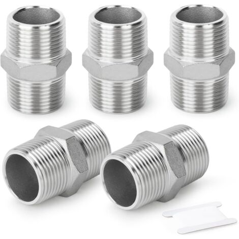 5 Pcs 316L Raccords hexagonaux mâles en acier inoxydable, Raccord de tuyauterie 3/8" BSP Tuyau mâle x - 1/2" (1/5)