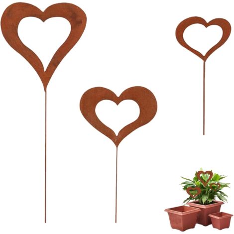 Lot de 3 Piquets Jardin Coeur Métal Rouillé Décoration Extérieur Parterre Terrasse Balcon