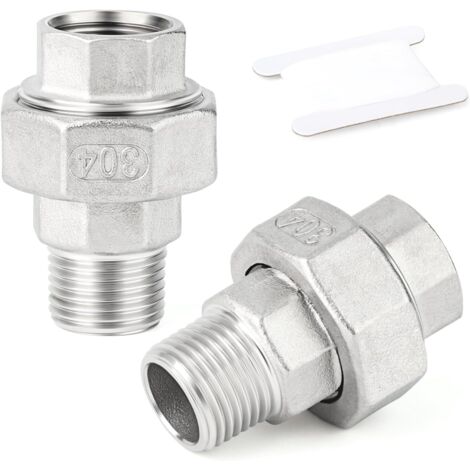 2 pièces 1/2" BSP en acier inoxydable 304 Raccords femelles et mâles, raccords union, adaptateurs filetés pour eau/huile/gaz - 1" M-1" F (2 PCS) (1/5)