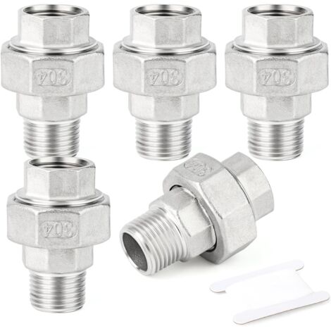 2 pièces 1/2" BSP en acier inoxydable 304 Raccords femelles et mâles, raccords union, adaptateurs filetés pour eau/huile/gaz - 1/4" M-1/4" F (5 PCS) (1/5)