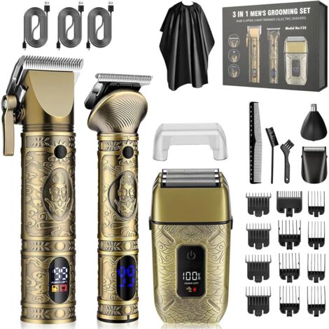 Cheveux Hommes Professionnelle,Kit Tondeuse et T-lames Trimmer Homme,Tondeuse à barbe poils de nez,Rasoir électrique pour hommes Bronze -