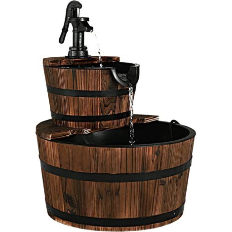 Fontaine de Jardin en Bois à Débit d'eau Réglable, Eau Décorative avec Pompe Circulation, 2 Étages Cascades, pour Intérieur ou Extérieur Marron Foncé - (1/5)