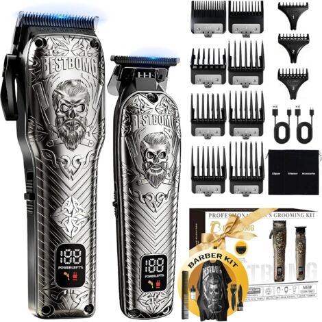 Tondeuse professionnelle sans fil pour hommes et kit de tonte barbe, coupe cheveux en métal avec longue durée vie la batterie usage familial par le barbier (Gris) Gris 2 PACK