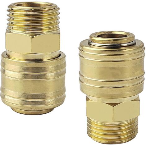 Lot de 2 raccords rapides pour air comprimé 1/2 Pouce en laiton, accessoires compresseur d'air, raccord rapide raccordement, une connexion des lignes d'air - (1/5)