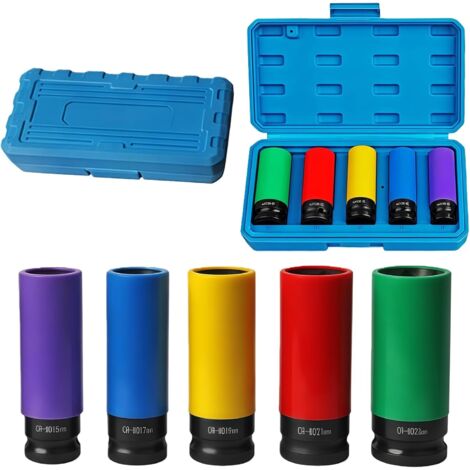 Jeu de douilles protection 1/2" : 5 pièces Cr-Mo 15 mm, 17 19 21 22 mm pour visseuse à percussion, outils avec boîtier en plastique résistant aux rayures et boîte - (1/5)