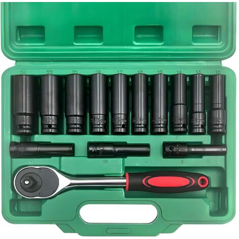 Jeu de 14 Douilles à Chocs Longues 1/2 Pouce (8-24mm) avec Cliquet et Coffret Douille, Mâles 6 Pans 1/2, Clé Professionnel pour Réparation Auto & Changement Pneus - (1/5)