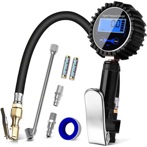 Numérique Manomètre Haute Précis Digital Jauge de Pression Pneu Pistolet Gonflage Pour Voiture Camion SUV Moto Vélo avec écran LCD, Air chuck et Tige à Double Tête 200PSI -