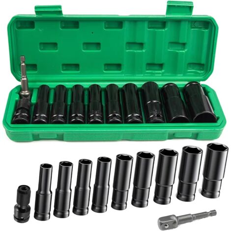 Jeu de 10 douilles à chocs - 10/12/13/14/15/17/19/22/24 mm long et boîtes Douilles hexagonales 1/2" pour réparation automobile