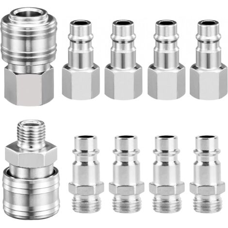 10 Pcs Raccord Rapide Air Comprimé Tuyau Compresseur d'Air Pneumatique 1/4" BSP, Raccords de Européen, Euro Connecteur pour Airs Compresseurs Argenté - (1/5)