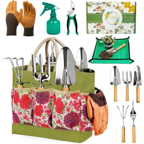 Kit de Jardinage Robuste 10 pièces en Acier Inoxydable avec sécateur Gants et Sac de Rangement idéal pour Femmes et Hommes Un Cadeau Parfait pour Les jardiniers